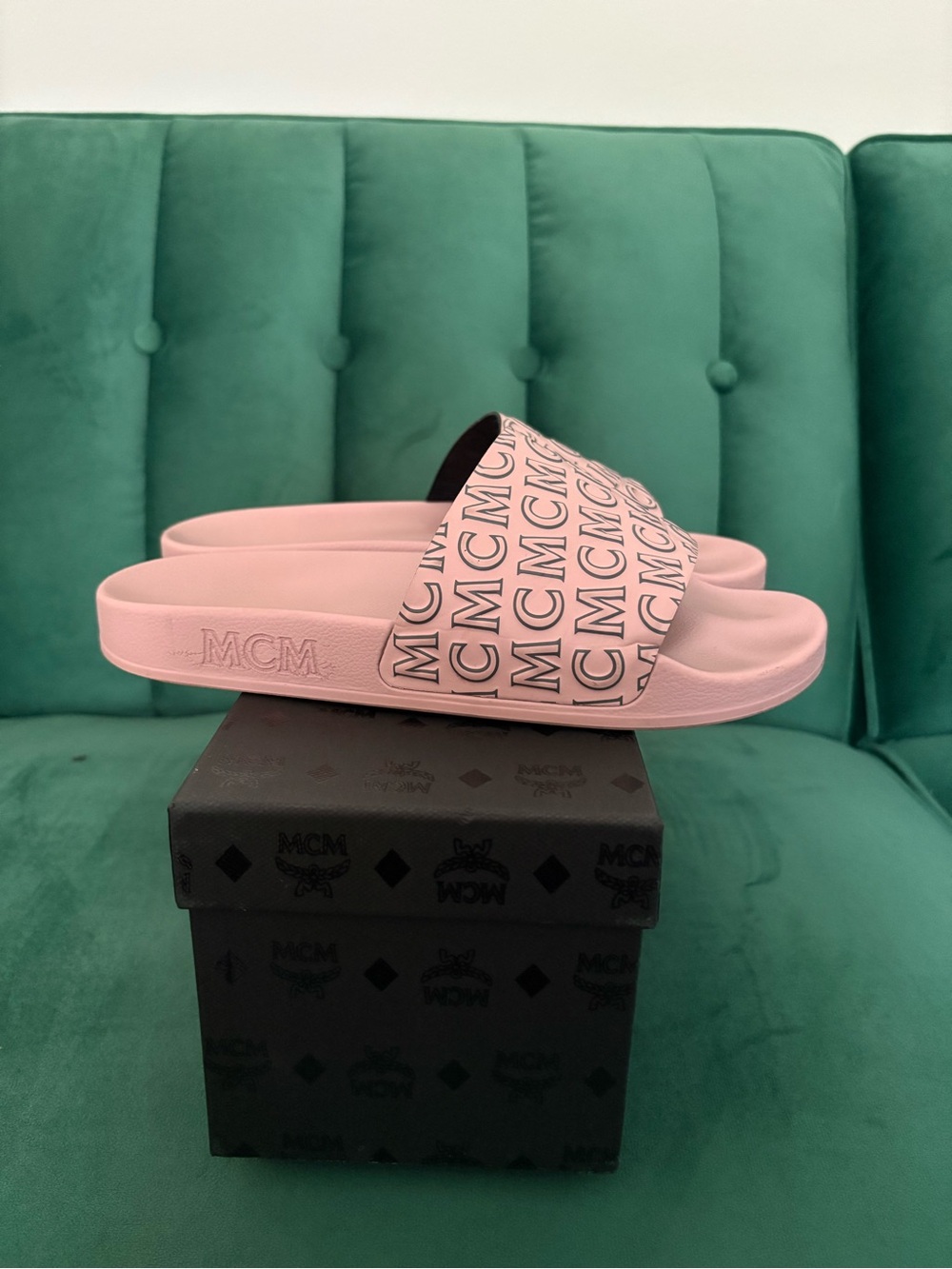 MCM Pink Logo Slide Sandals with All-Over Monogram - Picture 2 of 5